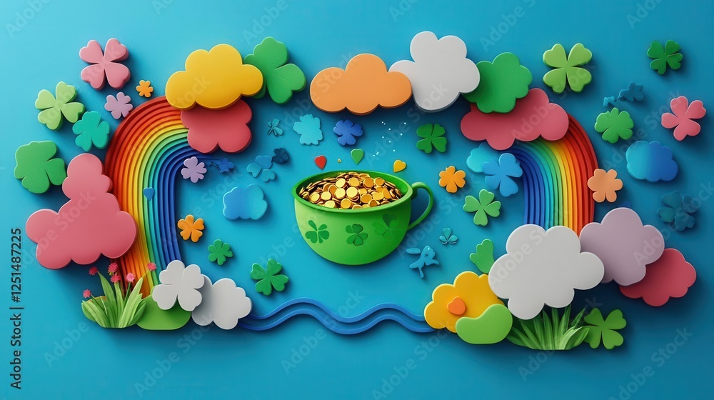 Naklejka premium A fun and interactive mural of a treasure map leading to a pot of gold, surrounded by clovers, rainbows, and playful leprechaun footprints