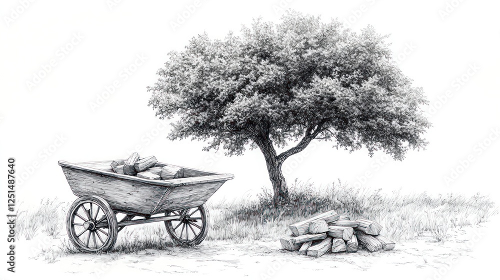 Pencil sketch, wooden cart, firewood, tree, countryside Pencil sketch, wooden cart, firewood, tree, countryside