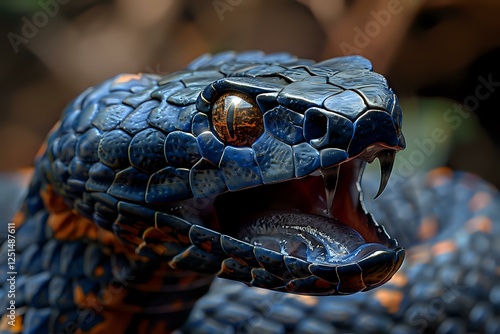 Macro shot of dark blue scaled viper snake head with open mouth showing fangs and tongue against blurred natural background, dramatic lighting highlights scales. photo