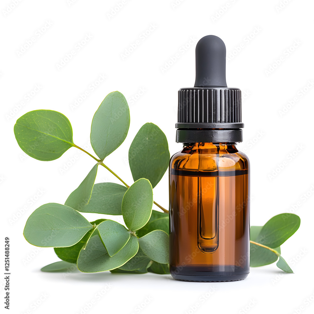 Eucalyptus oil extract glass bottle mock up flat lay with eucalyptus branches isolated on white Eucalyptus oil extract glass bottle mock up flat lay with eucalyptus branches isolated on white