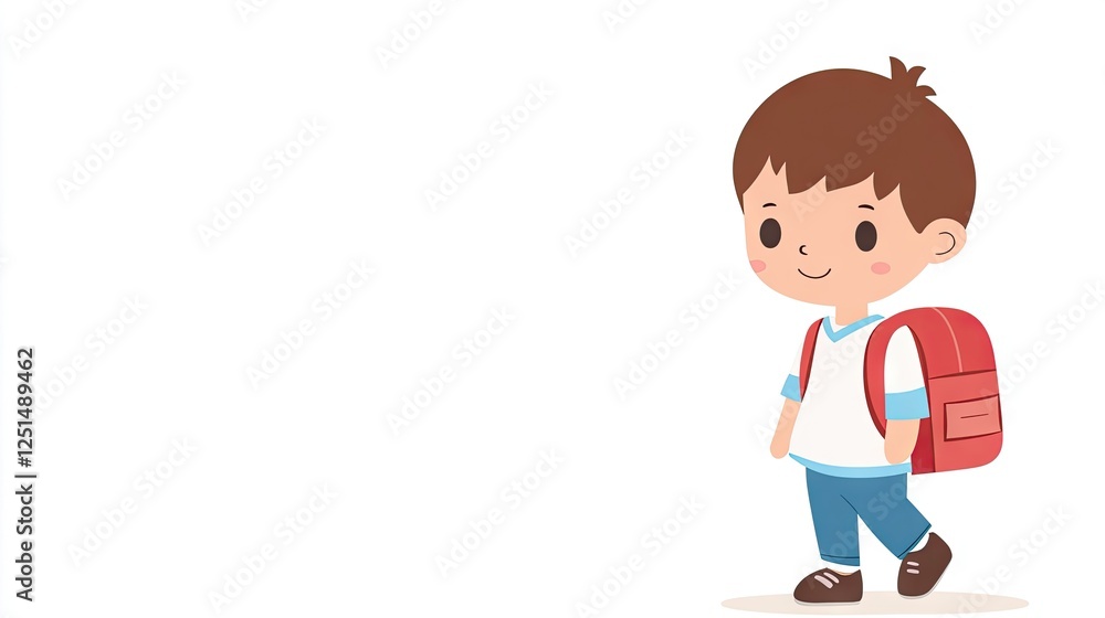 Cartoon boy with backpack, walking, simple background, education, illustration Cartoon boy with backpack, walking, simple background, education, illustration