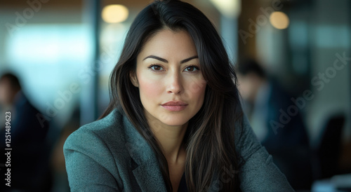 Wallpaper Mural A confident woman sits in a modern office, gazing at the viewer with poise, surrounded by a bustling atmosphere Torontodigital.ca