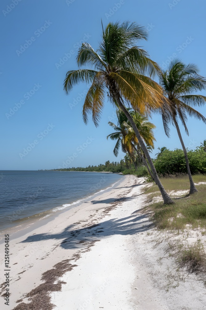 Serene tropical beach with palm trees casting shadows on white sand and tranquil ocean view Serene tropical beach with palm trees casting shadows on white sand and tranquil ocean view
