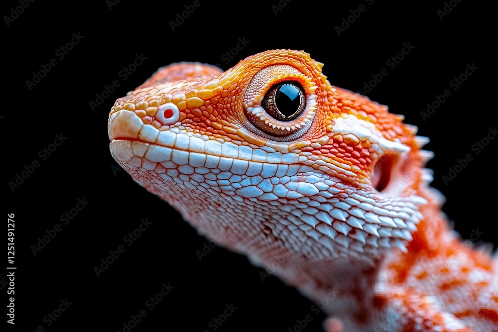 Obraz premium Vibrant orange lizard with intricate textures gazes intently against a dark background