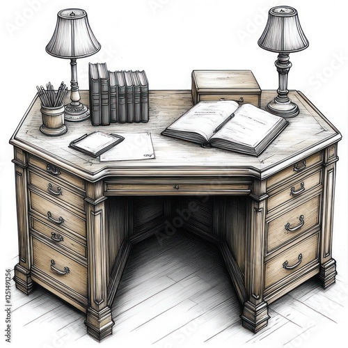 Ornate corner desk with books, lamps, and papers photo