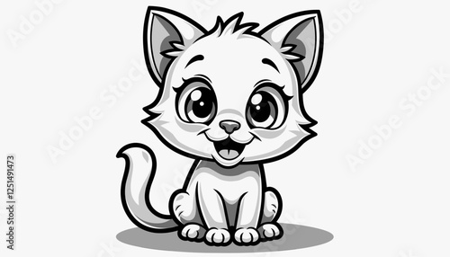 Cute cartoon kitten sitting happily on white background