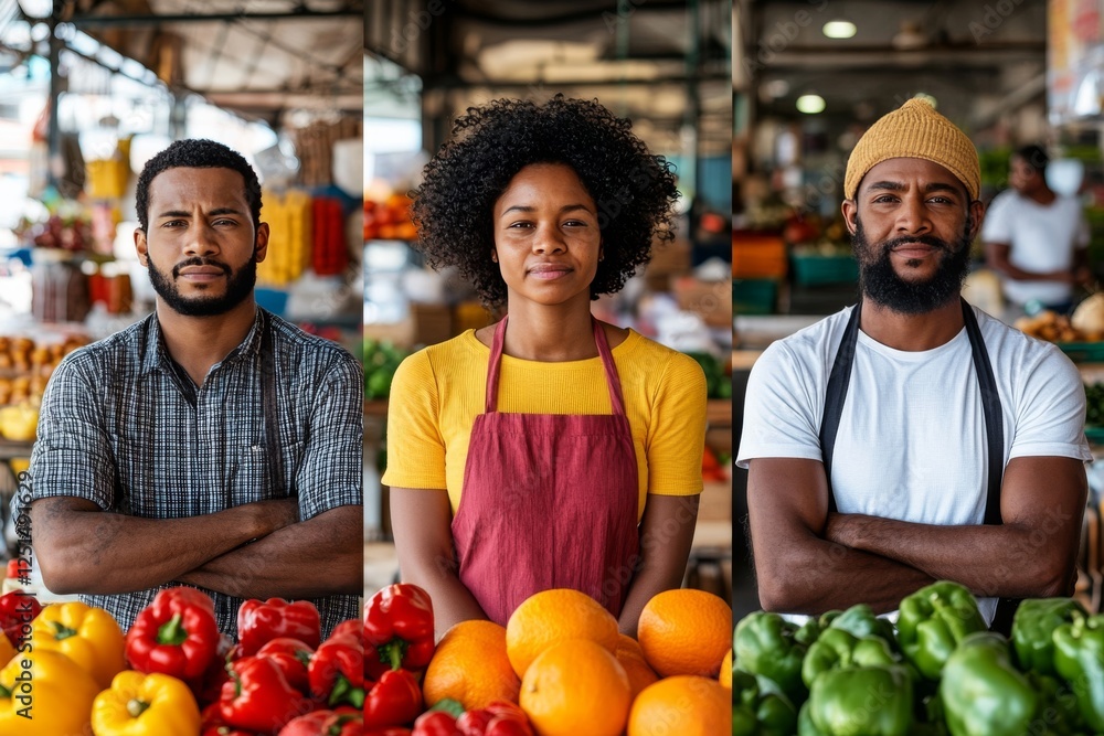 Market vendors showcase fresh produce in a vibrant local environment during daylight hours