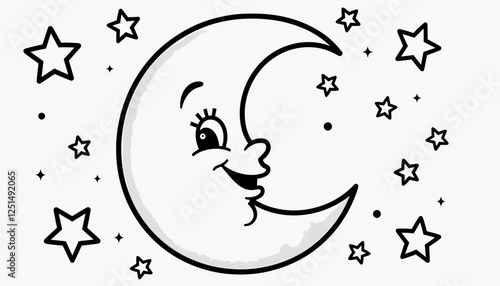 Cartoon moon smiling among stars