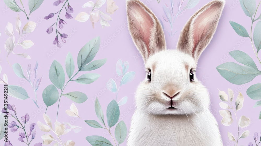 An elegant hand-drawn bunny with botanical elements, placed on a soft lavender background with light teal and white foliage. An elegant hand-drawn bunny with botanical elements, placed on a soft lavender background with light teal and white foliage.