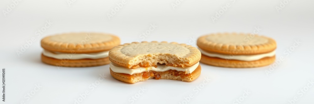 Delicious cream-filled cookies arranged on a white background with one cookie partially bitten Delicious cream-filled cookies arranged on a white background with one cookie partially bitten