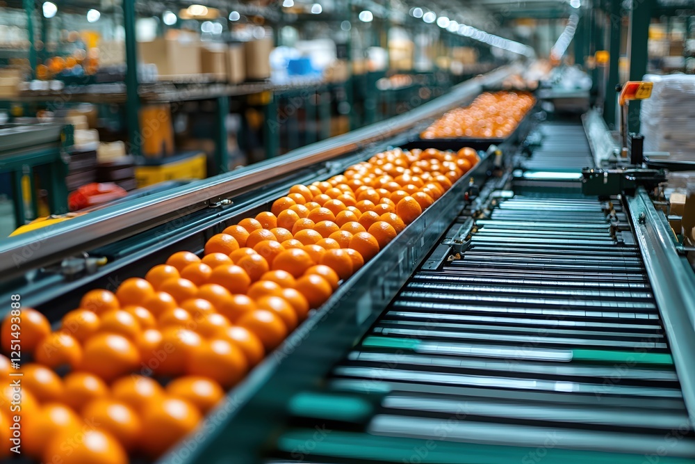 Fototapeta premium Conveyor Belt of Fresh Oranges in a Modern Factory Setting Conveying Fruit for Processing