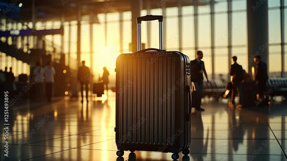 Empty black suitcase stands in the airport against an out-of-focus background of blurry interior and sunset light, close-up, with copy space. Empty black suitcase stands in the airport against an out-of-focus background of blurry interior and sunset light, close-up, with copy space.