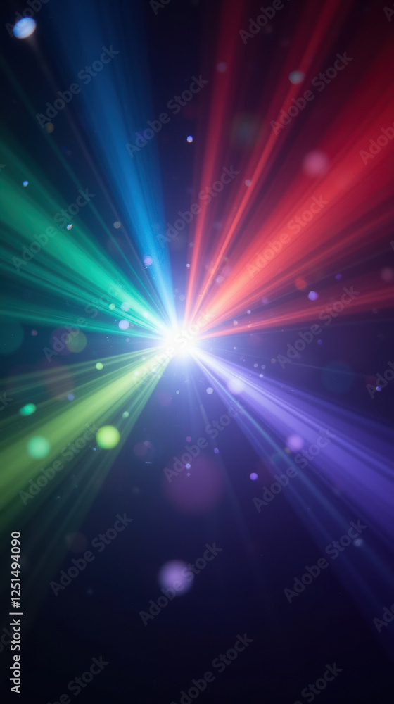 Obraz premium Vibrant light rays in various colors radiate from central point, creating dynamic visual effect