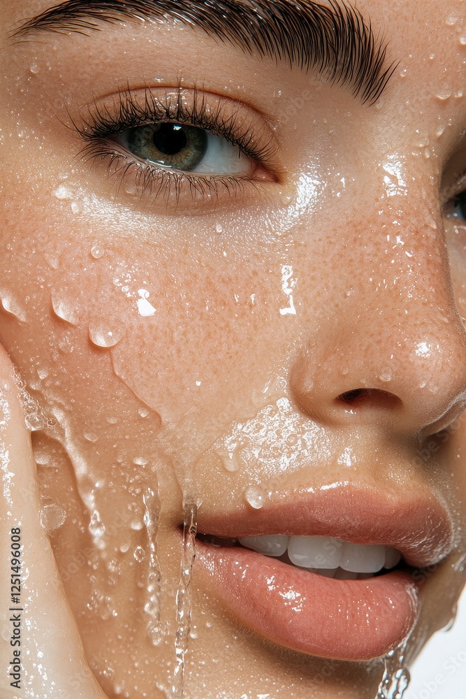 Fototapeta premium Close Up Portrait Of Woman With Water Droplets On Face