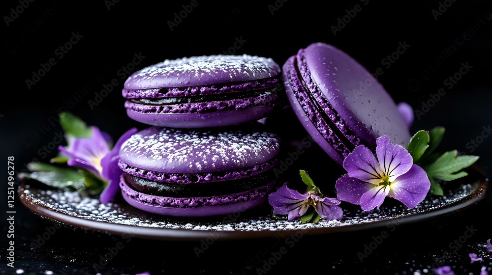 Purple macarons dusted with powdered sugar on dark plate with violet flower garnish against black background, dramatic food photography styling. Purple macarons dusted with powdered sugar on dark plate with violet flower garnish against black background, dramatic food photography styling.