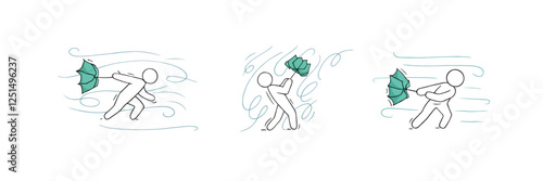 Doodle weather icons with wind and rain. Sketch of man with umbrella in storm, character in rainy weather and outline swirls of strong wind, vector hand drawn illustration