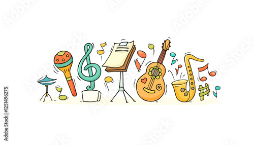 Doodle music instruments, guitar, drums, saxophone and maracas. Concept of jazz or rock concert with music stand, acoustic guitar, treble clef and notes, vector sketch illustration