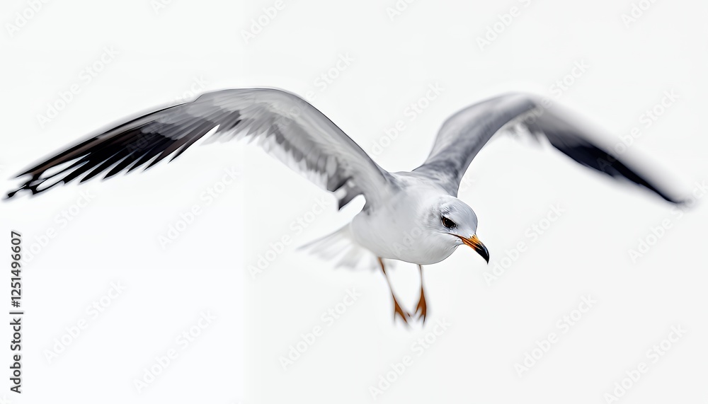 Fototapeta premium Seagull in Flight with Wings Spread Against a White Background