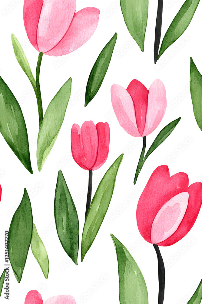 Obraz premium Watercolor seamless pattern of cute minimalistic tulips. Red and green colors isolated on white backdrop