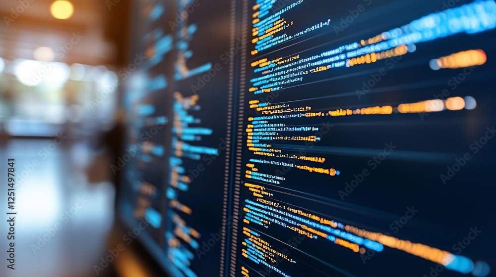 Naklejka premium Office code screen, programming, project, background blur, software development