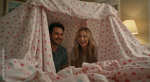 Partners in a pastel living room building a fort with heart-patterned sheets, comedic childlike joy, overhead lamp, real detail4 photo