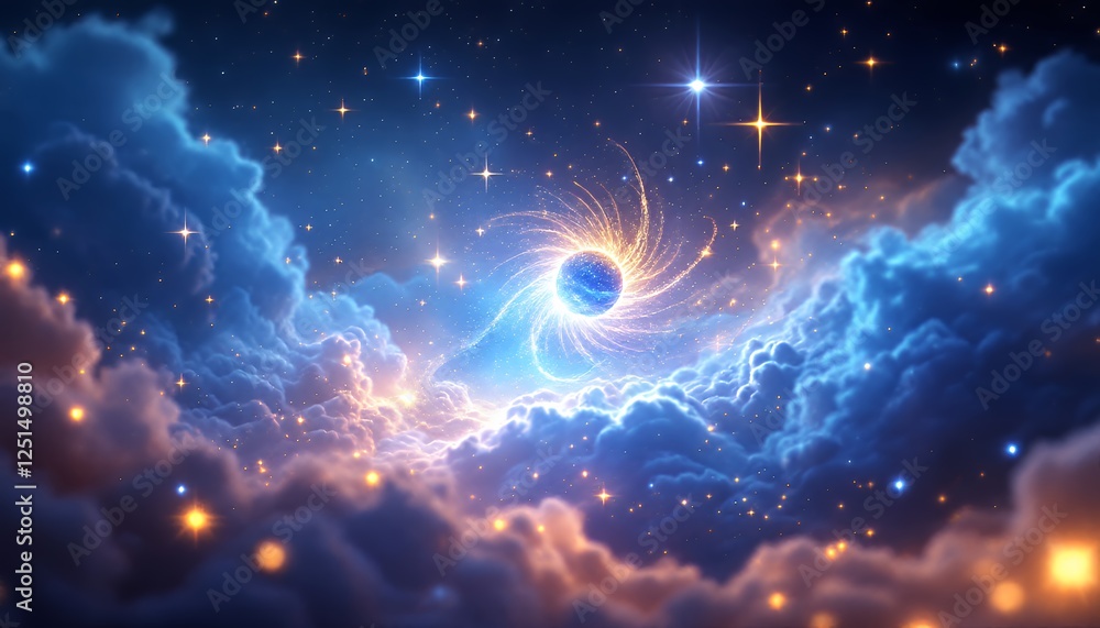 Fototapeta premium Celestial Orb Illuminating Starry Night Sky Through Ethereal Cloudscape