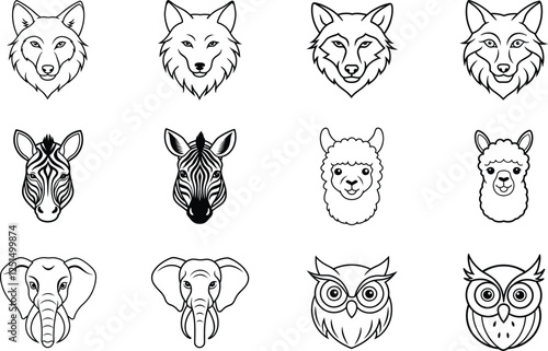 Line Art Animal Heads Fox, Zebra, Llama, Elephant, Owl