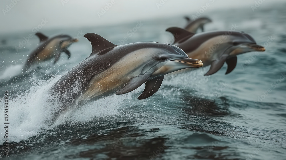 Obraz premium Dolphins leaping and spinning joyfully in ocean waves, showcasing their playful nature