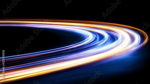 Glowing curved light trails in motion against dark background create dynamic streaks of blue, orange and white colors, suggesting speed and technology advancement.