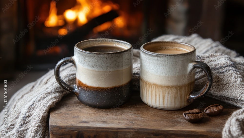 Cozy Winter Evening: Two Cups of Coffee by the Fireplace Cozy Winter Evening: Two Cups of Coffee by the Fireplace