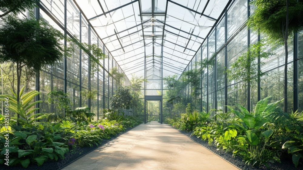 A long, glass-walled greenhouse filled with plants