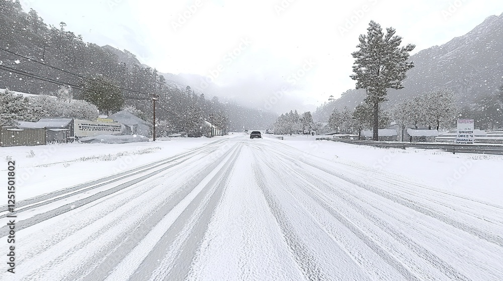 Fototapeta premium Snowy mountain highway winter road trip blizzard