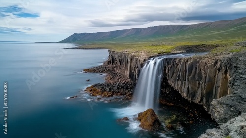 Coastal Waterfall Cascading into Ocean, Dark Volcanic Cliffs, Green Vegetation