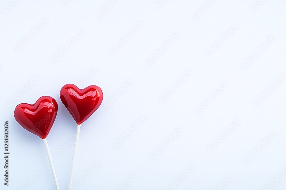 Fototapeta premium Two Red Heart-Shaped Lollipops on a Light Background