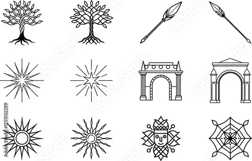 Symbolic Line Art Trees, Spears, Stars, Arches, and Mandalas