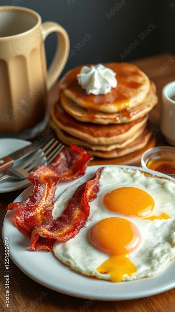 Breakfast with pancakes, bacon, and eggs served on a rustic wooden table at a cozy cafe in the morning Breakfast with pancakes, bacon, and eggs served on a rustic wooden table at a cozy cafe in the morning