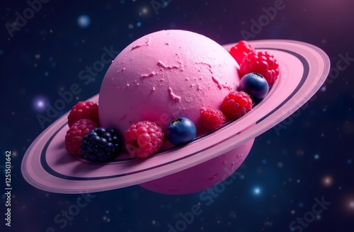 fresh raspberry style ice cream, space background, some berries on the ice cream. ice cream like planet photo