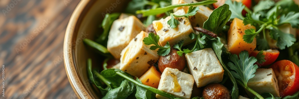 Fresh salad with mixed greens, cheese, and cherry tomatoes prepared in a rustic bowl