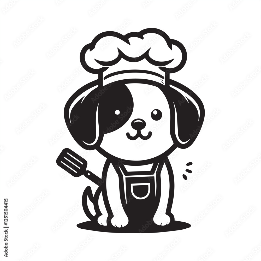 Cute Cartoon Dog Chef Holding Utensil. A cheerful, cartoon dog wearing a chef's hat and apron, holding a cooking utensil. Cute Cartoon Dog Chef Holding Utensil. A cheerful, cartoon dog wearing a chef's hat and apron, holding a cooking utensil.