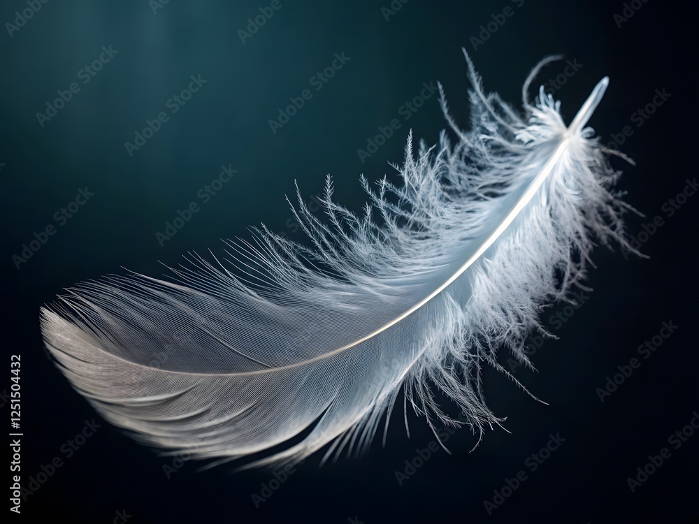 Obraz premium A close-up, macro photograph of a single, delicate white feather floating against a dark background