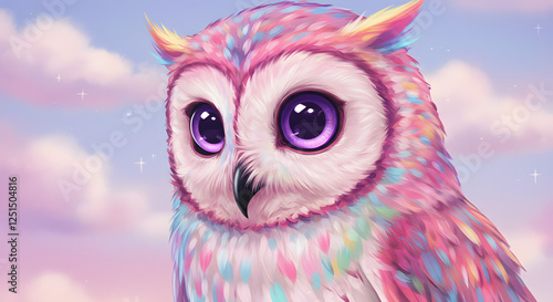 Cute Owl Character with Colorful Feathers and Purple Eyes Illustration