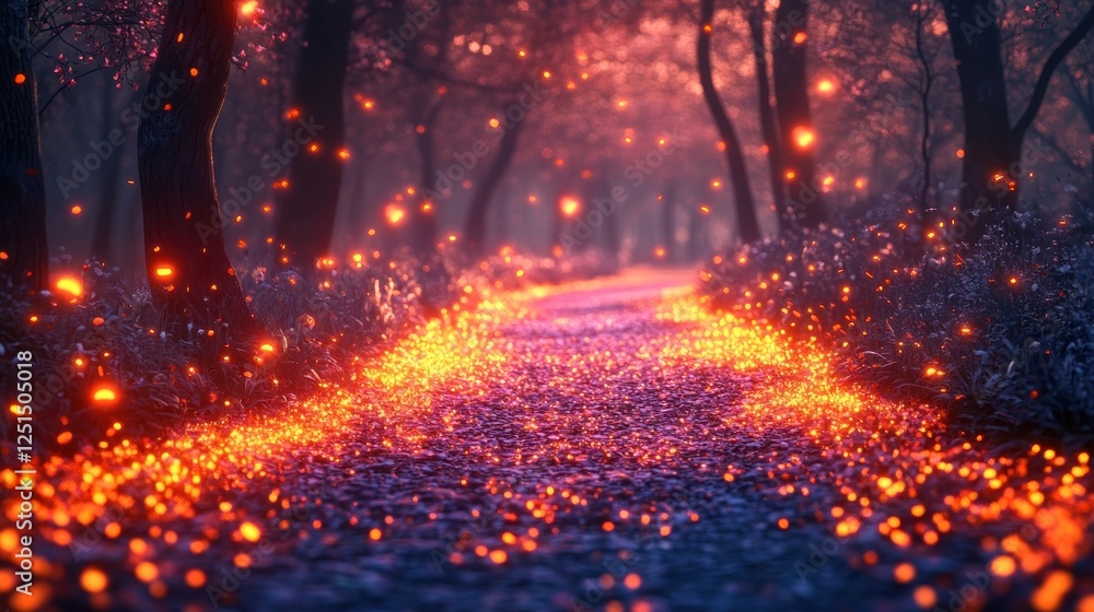Magical forest path illuminated by glowing lights Magical forest path illuminated by glowing lights