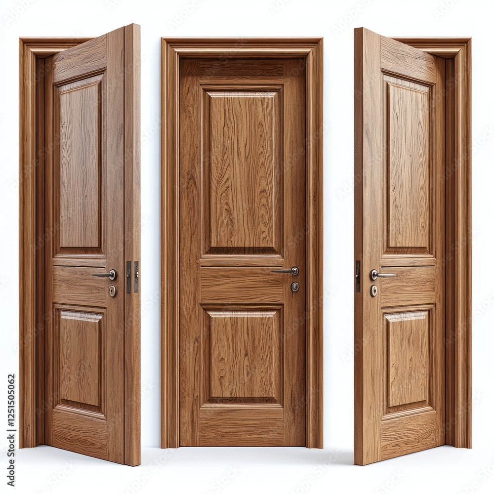 Open wooden interior doors on white background; home design concept Open wooden interior doors on white background; home design concept
