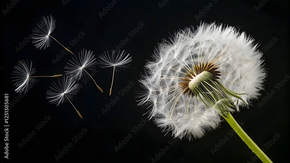 Fototapeta premium A close-up, macro photograph of a dandelion with seeds blowing away in the wind. The dandelion is in full bloom, with a large, fluffy white seed head