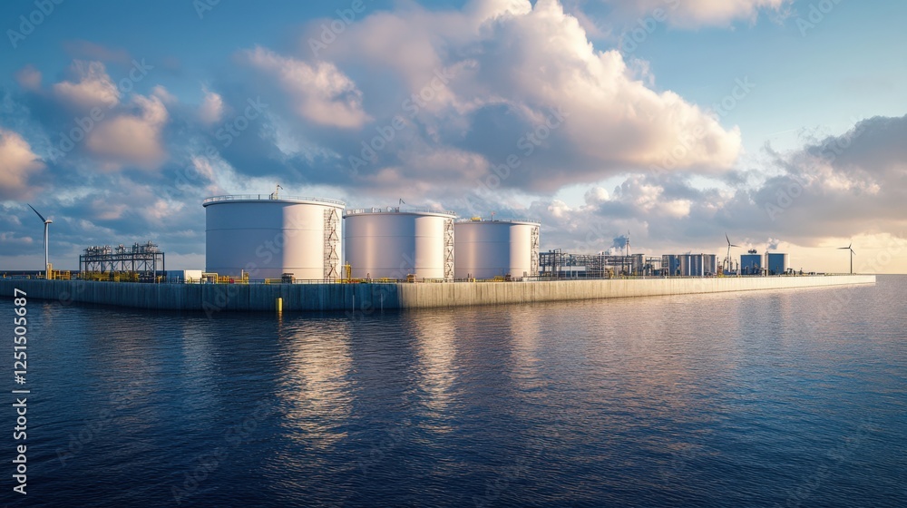 A large body of water with a large industrial complex on the shore A large body of water with a large industrial complex on the shore