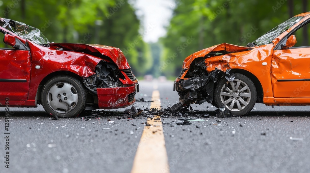 Two Cars in Collision on a Road with Shattered Glass and Damage Two Cars in Collision on a Road with Shattered Glass and Damage