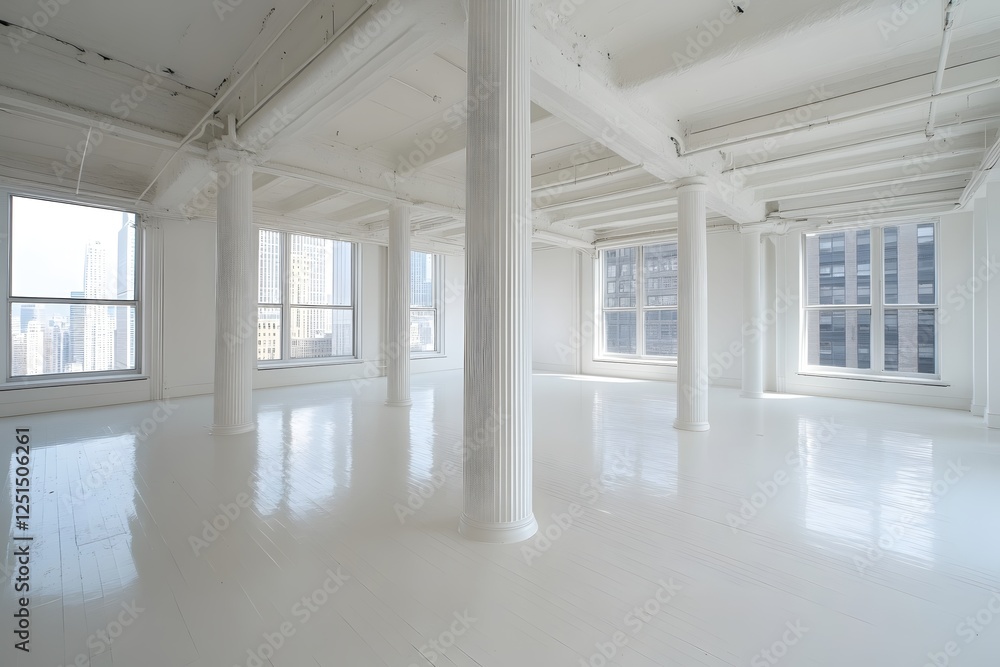 Fototapeta premium Bright White Interior with Columns and Windows Overlooking Cityscape in Minimalist Style