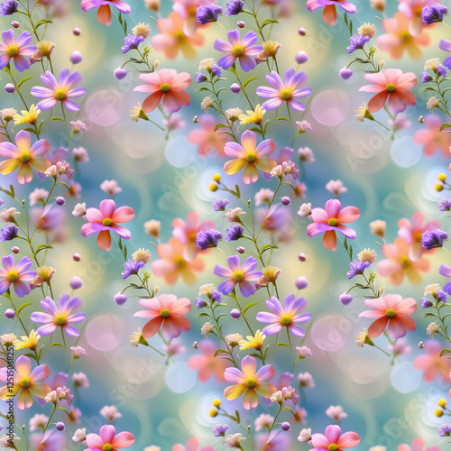 Vibrant floral pattern featuring whimsical wildflowers with bokeh effect on a pastel gradient background
