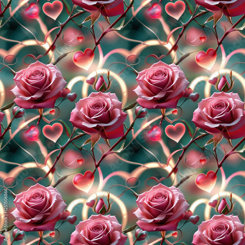 Intricate floral love pattern with vibrant roses and hearts radiating passion against a dark background