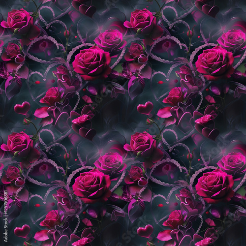Intricate floral love pattern with vibrant roses and hearts radiating elegance against a dark background